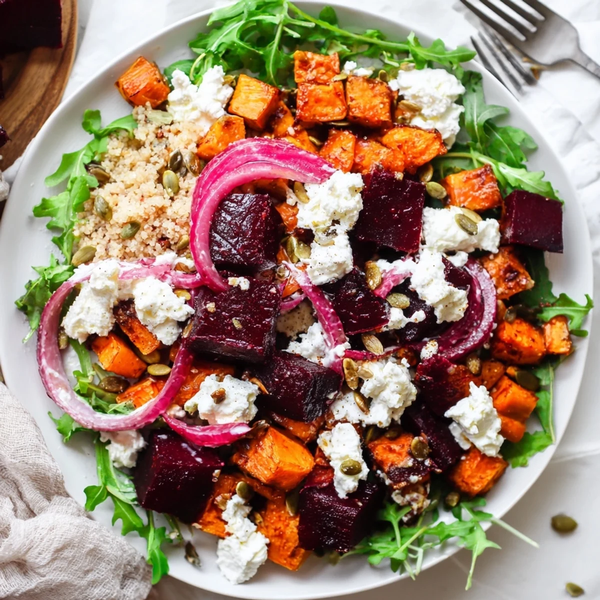 Creamy Roasted Beet Salad With Sweet Potato Feta, warm caramelized beets atop arugula