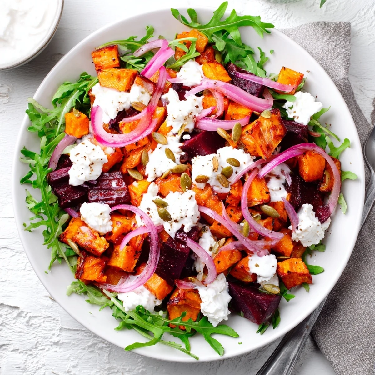 On a chilled plate, Creamy Roasted Beet Salad With Sweet Potato Feta glistens