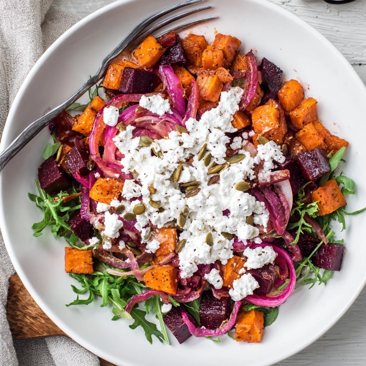 Creamy Roasted Beet Salad With Sweet Potato Feta, tangy yogurt dressing and toasted seeds