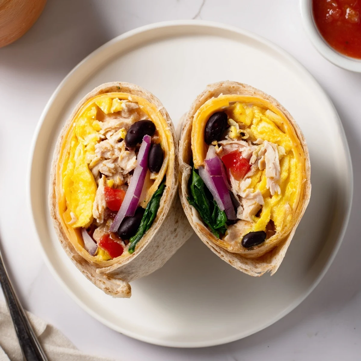 Protein Breakfast Burrito overflowing with melted cheddar, turkey, spinach, ready to eat