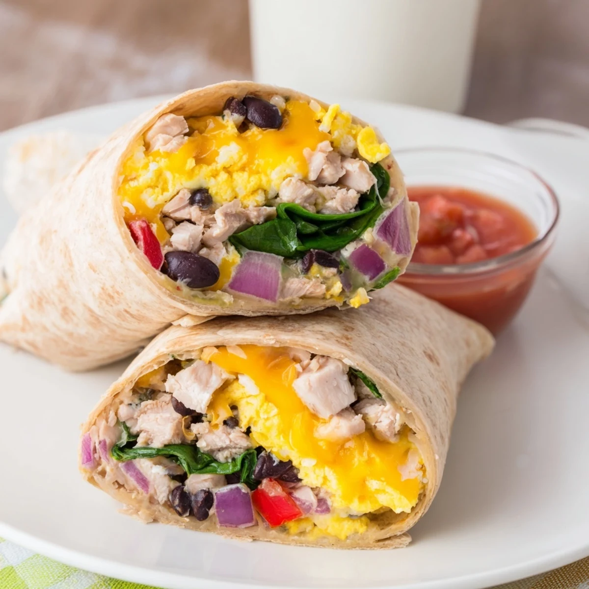 Warm Protein Breakfast Burrito with soft scrambled eggs, black beans, whole wheat tortilla