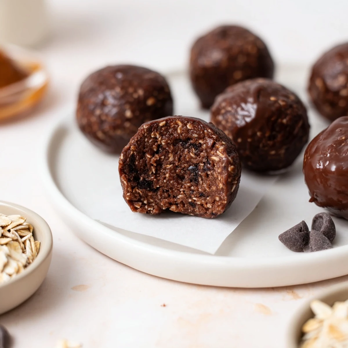 Homemade Brownie Protein Bites chilled on tray, nutty aroma and dense center