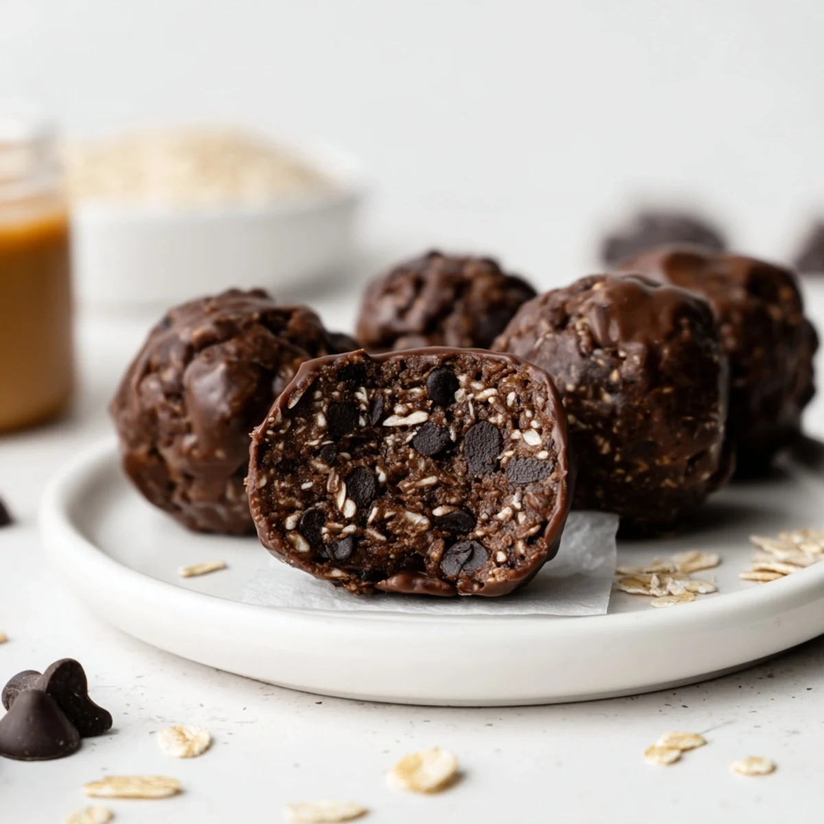 Close up of Brownie Protein Bites with maple sheen, ready post workout snack