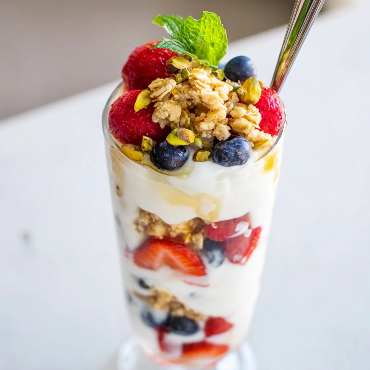 Greek Yogurt Parfait layered with creamy, tangy yogurt, mixed berries, crunchy granola
