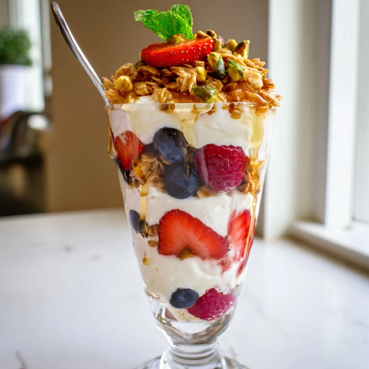 Easy Greek Yogurt Parfait served in glass jars, layered for breakfast or dessert