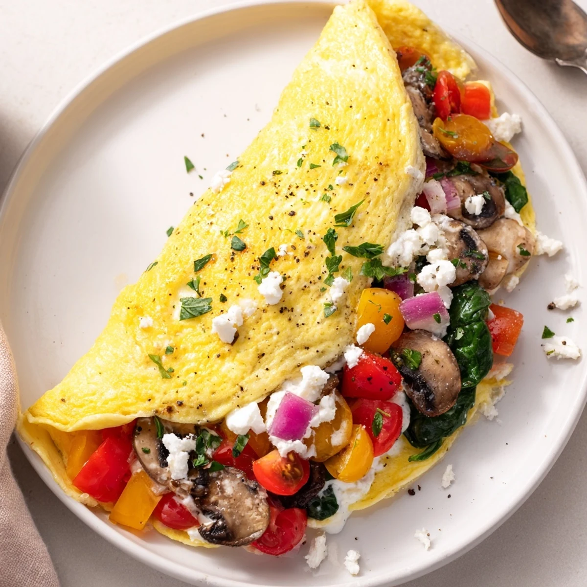Egg White Omelette with Vegetables, fluffy whites folded over sautéed colorful veggies