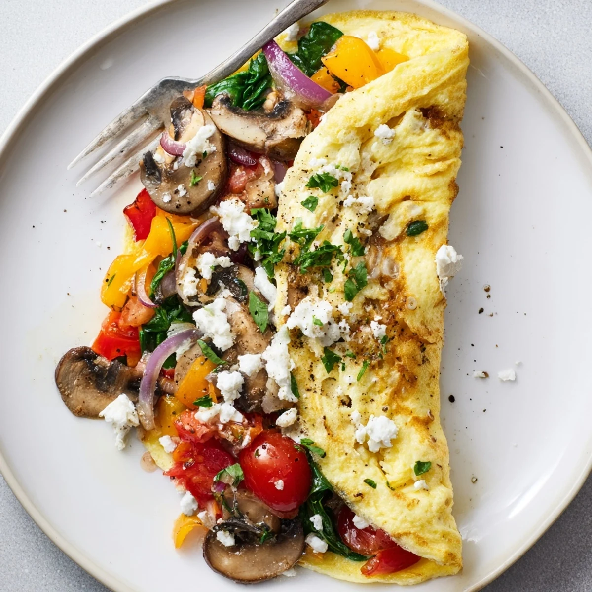 Plate of Egg White Omelette with Vegetables, warm, light, served with toast