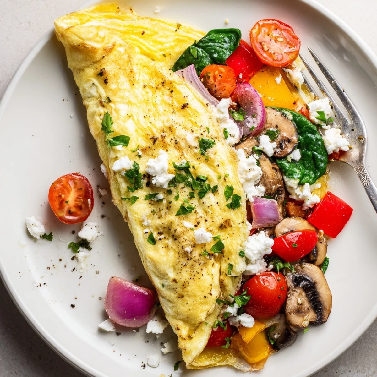Skillet-cooked Egg White Omelette with Vegetables, tender spinach and juicy tomatoes