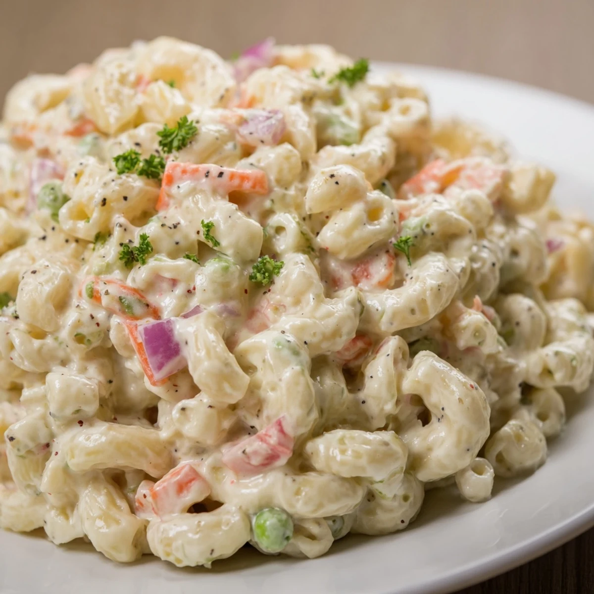 Creamy Macaroni Salad with crunchy celery and red pepper, chilled picnic side