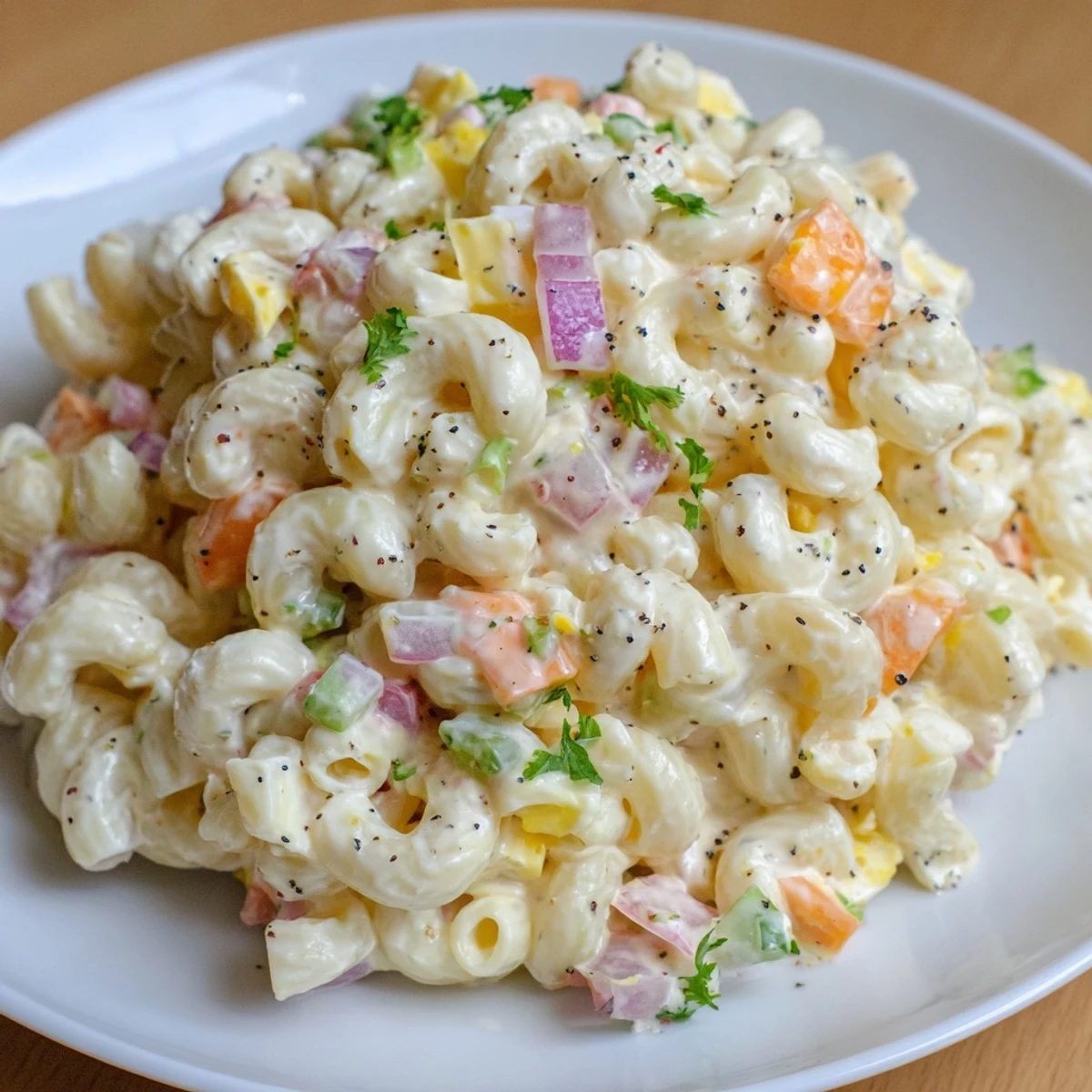 Cold Macaroni Salad piled in bowl, colorful vegetables, ideal summer side