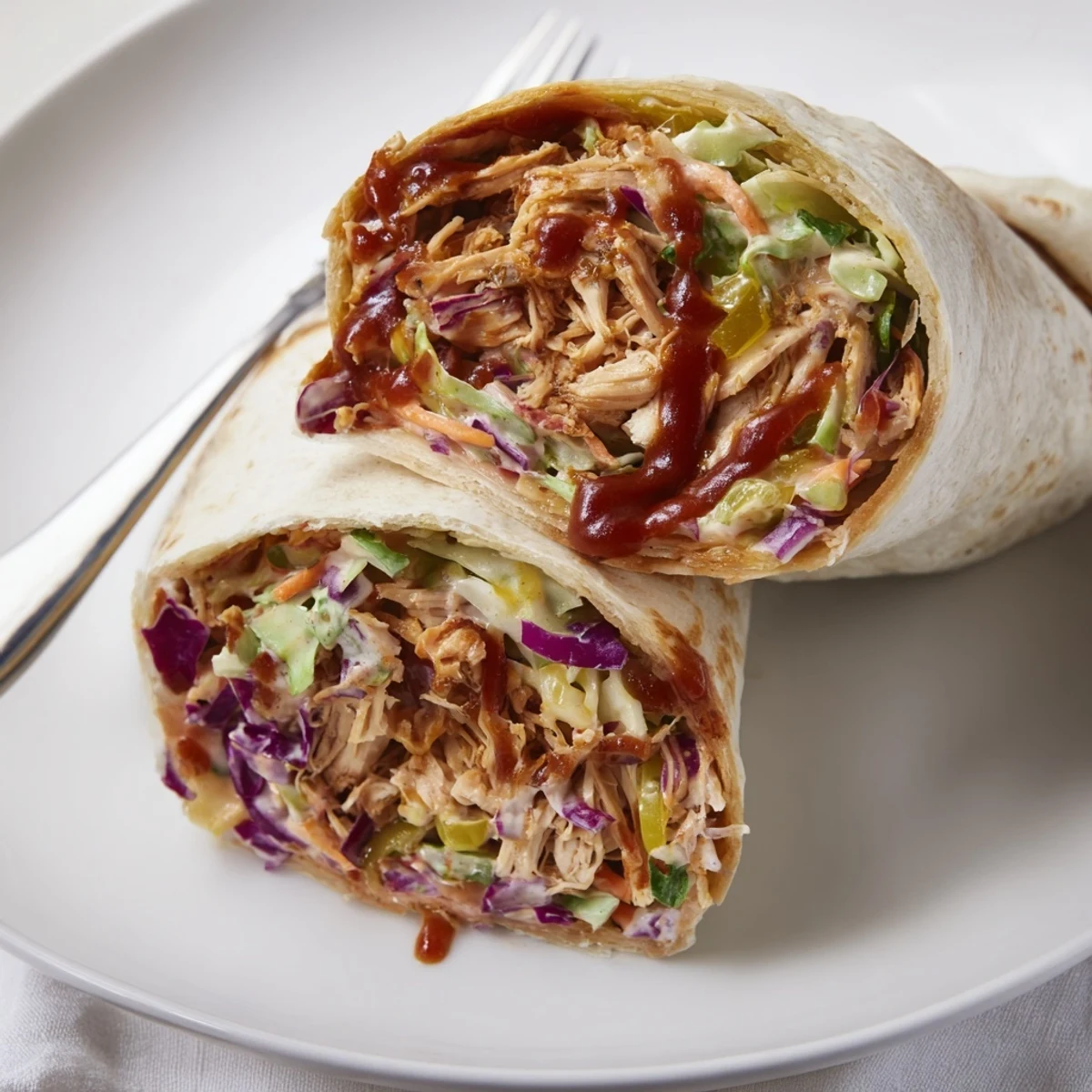 Sliced Bbq Chicken Coleslaw Wraps on plate, creamy slaw and smoky chicken.