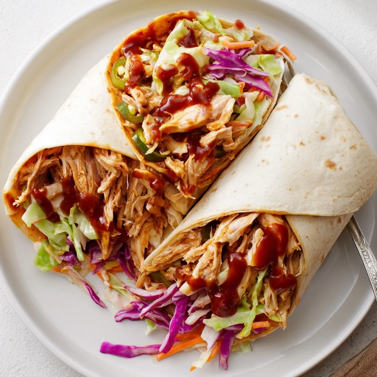 Handheld Bbq Chicken Coleslaw Wraps with crunchy cabbage and tangy dressing.