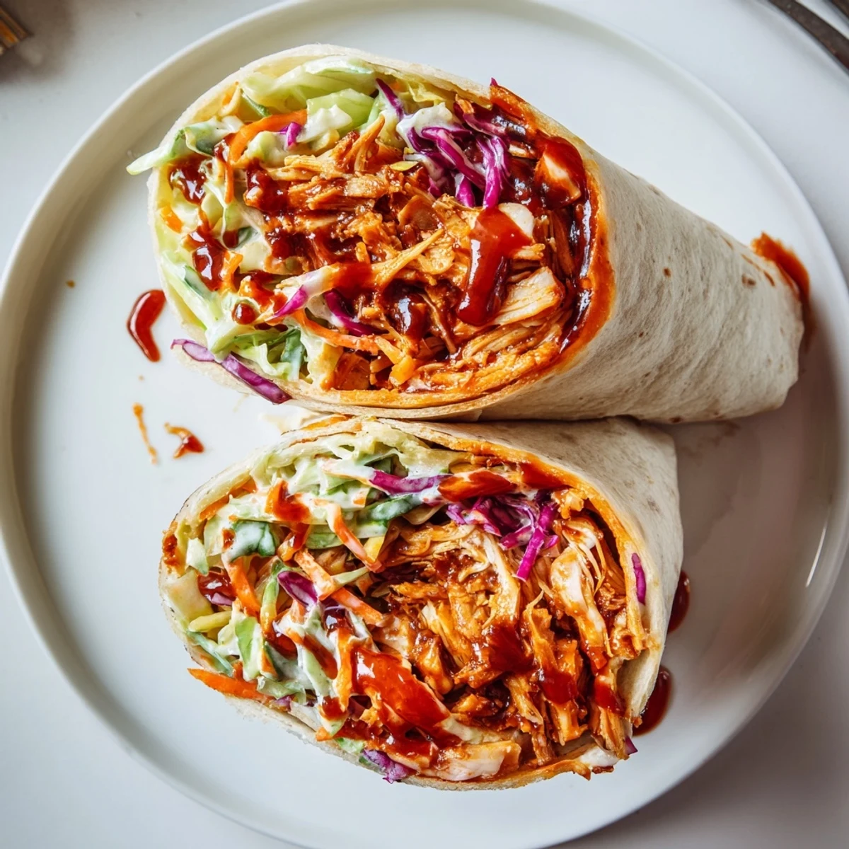 Warm Bbq Chicken Coleslaw Wraps cut in half, served with fries.