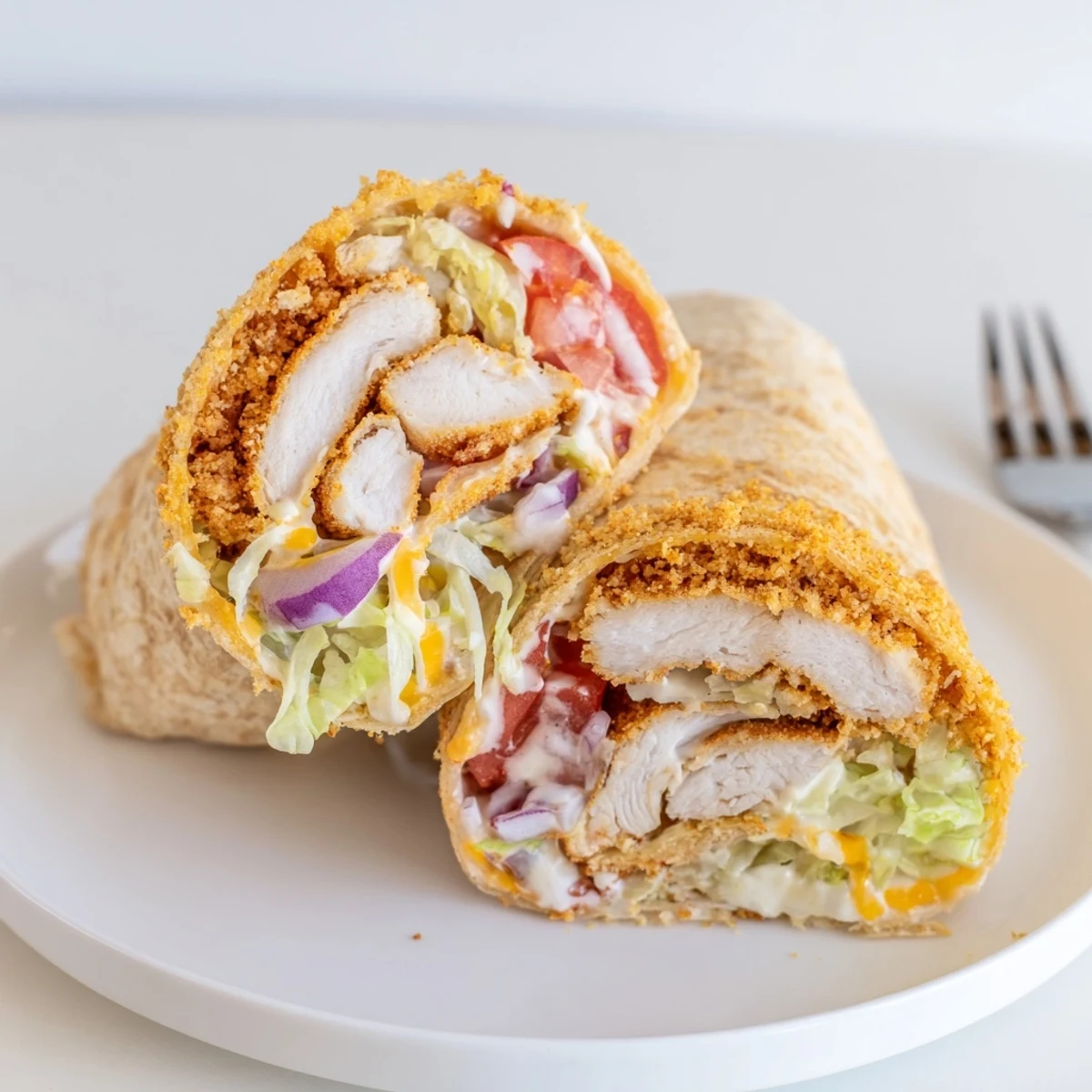 Crispy Chicken Ranch Wrap with golden fried tenders, crunchy lettuce, creamy dressing.