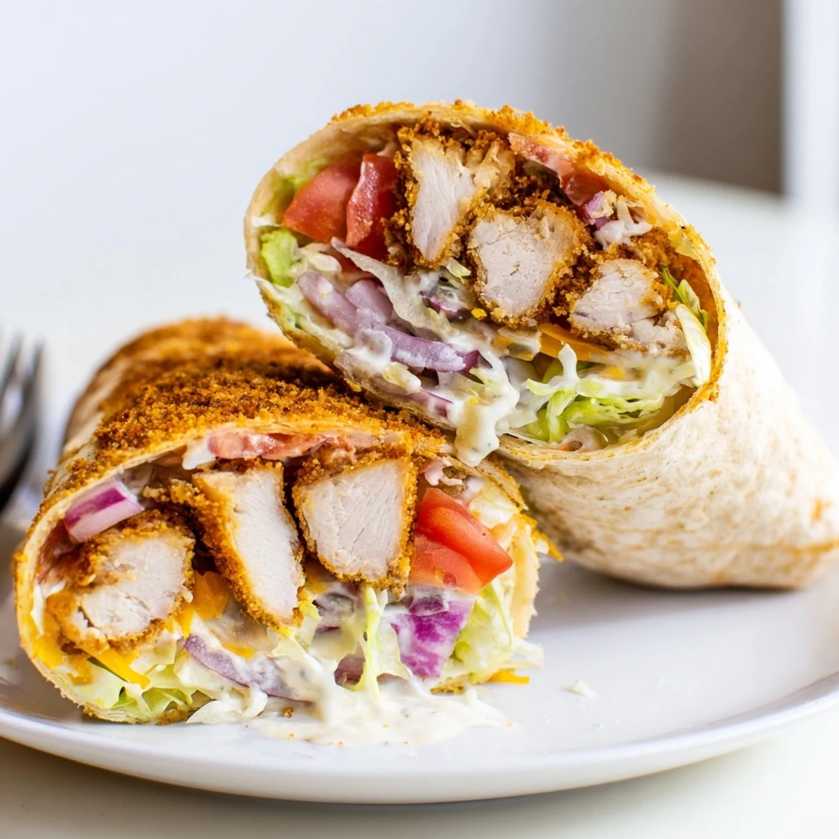 Lunch-ready Crispy Chicken Ranch Wrap on tortilla, warm chicken, zesty dressing.