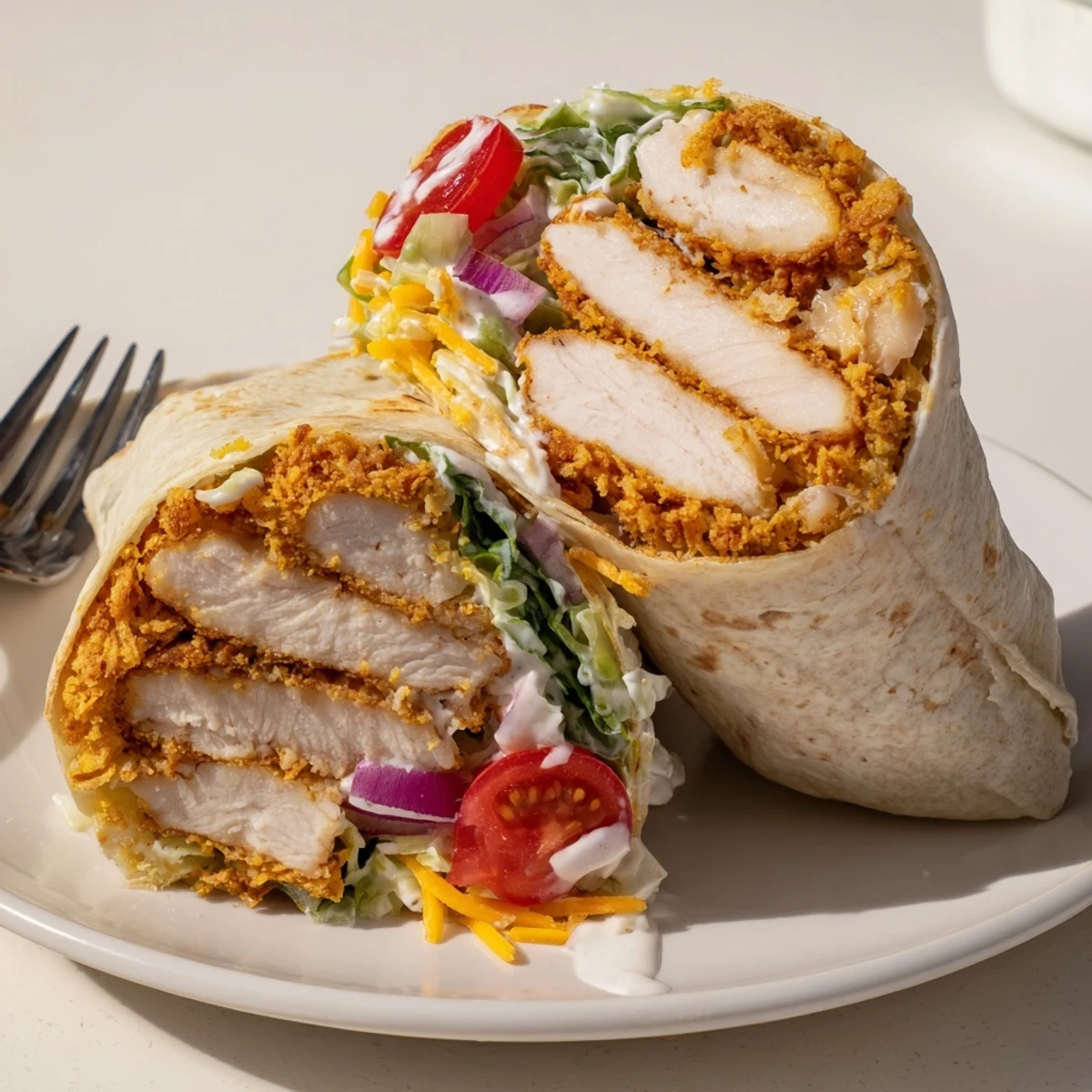 Homestyle Crispy Chicken Ranch Wrap sliced in half, cheddar melting, diced tomato.