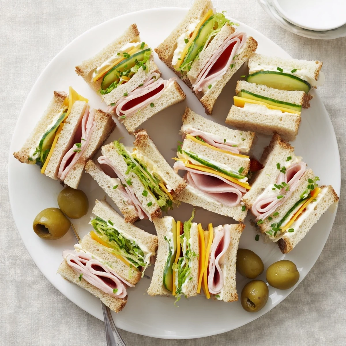 Mini Sandwiches arranged on platter with crisp cucumber, cheddar, fresh herbs