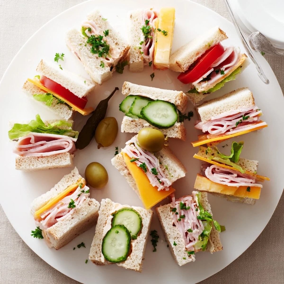 Colorful Mini Sandwiches cut into triangles, ready for picnic or party