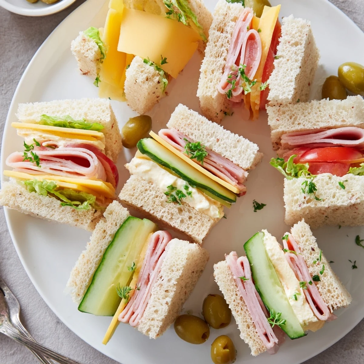 Creamy mayo and tomato peeking from Mini Sandwiches on wooden board