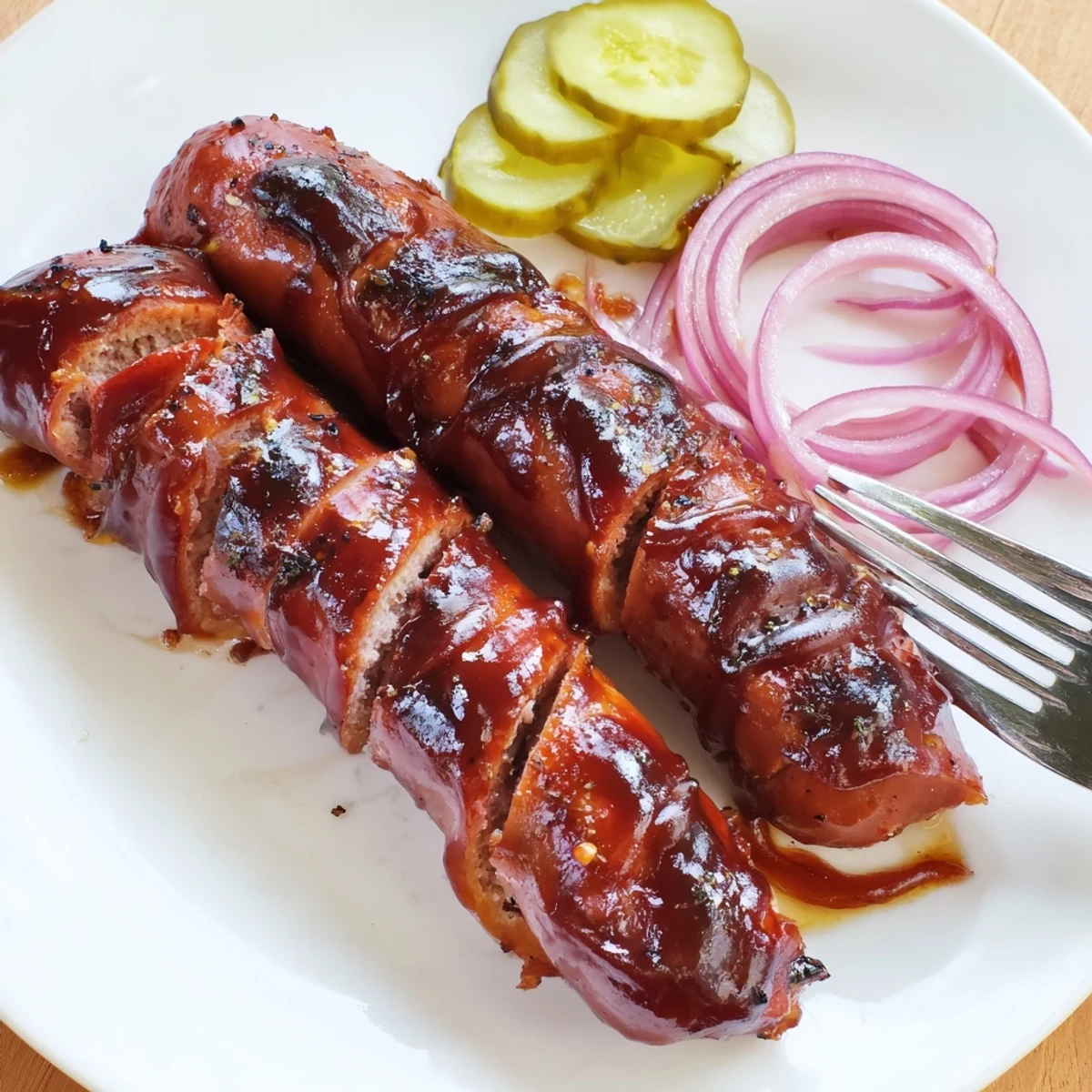 BBQ Sausage Recipe sizzling on grill with glossy caramelized sauce, ready  