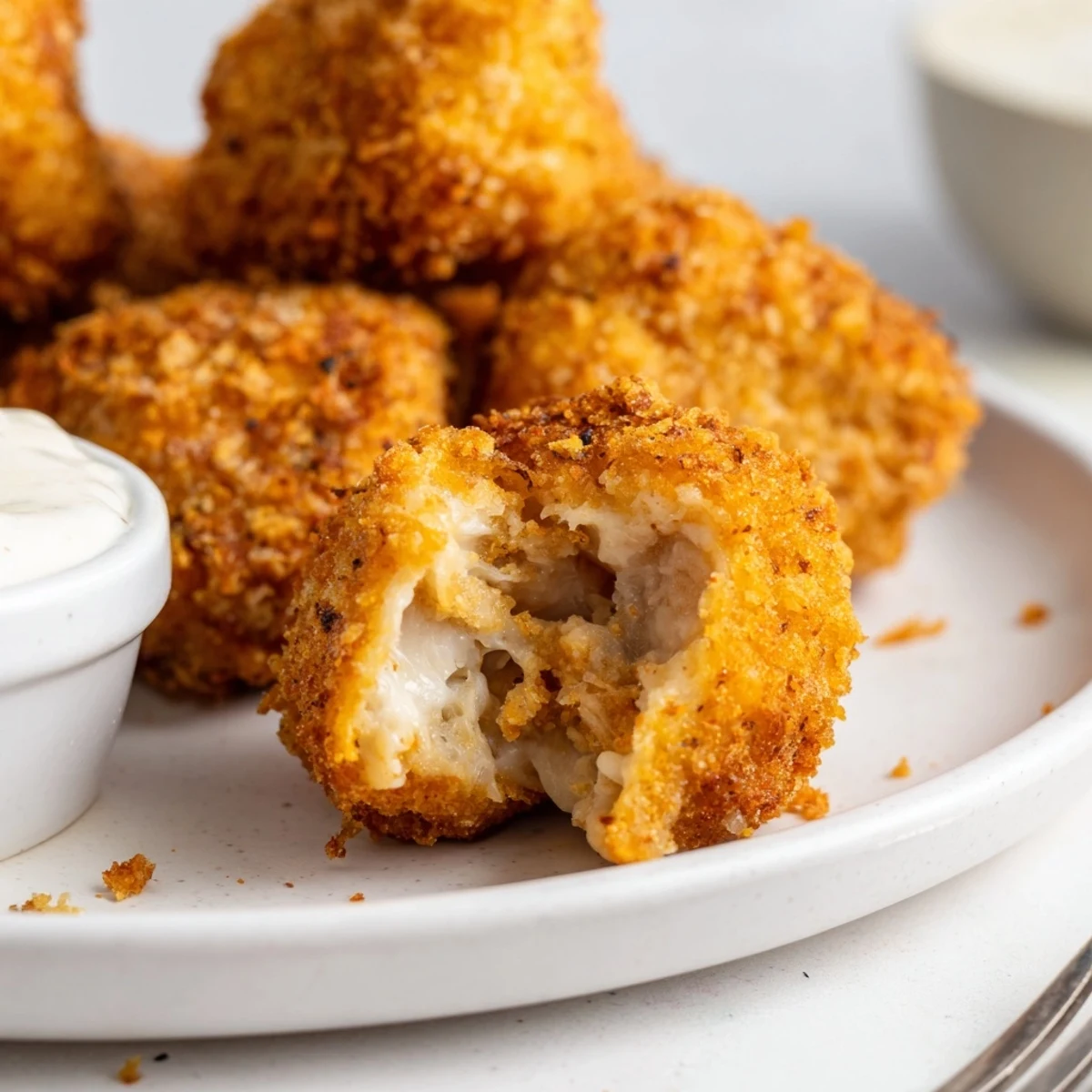 Buttermilk marinated Chicken Bites, hot from fryer, garnished with lemon and parsley