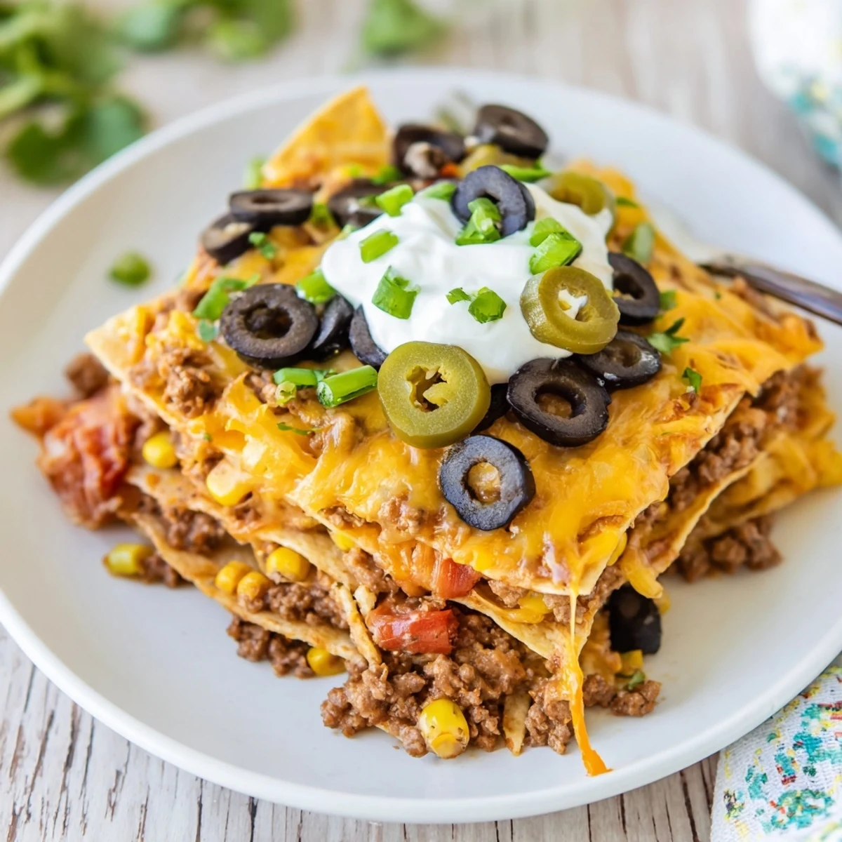 A steaming Cheesy Nacho Casserole slice on plate, paired with tangy salsa.