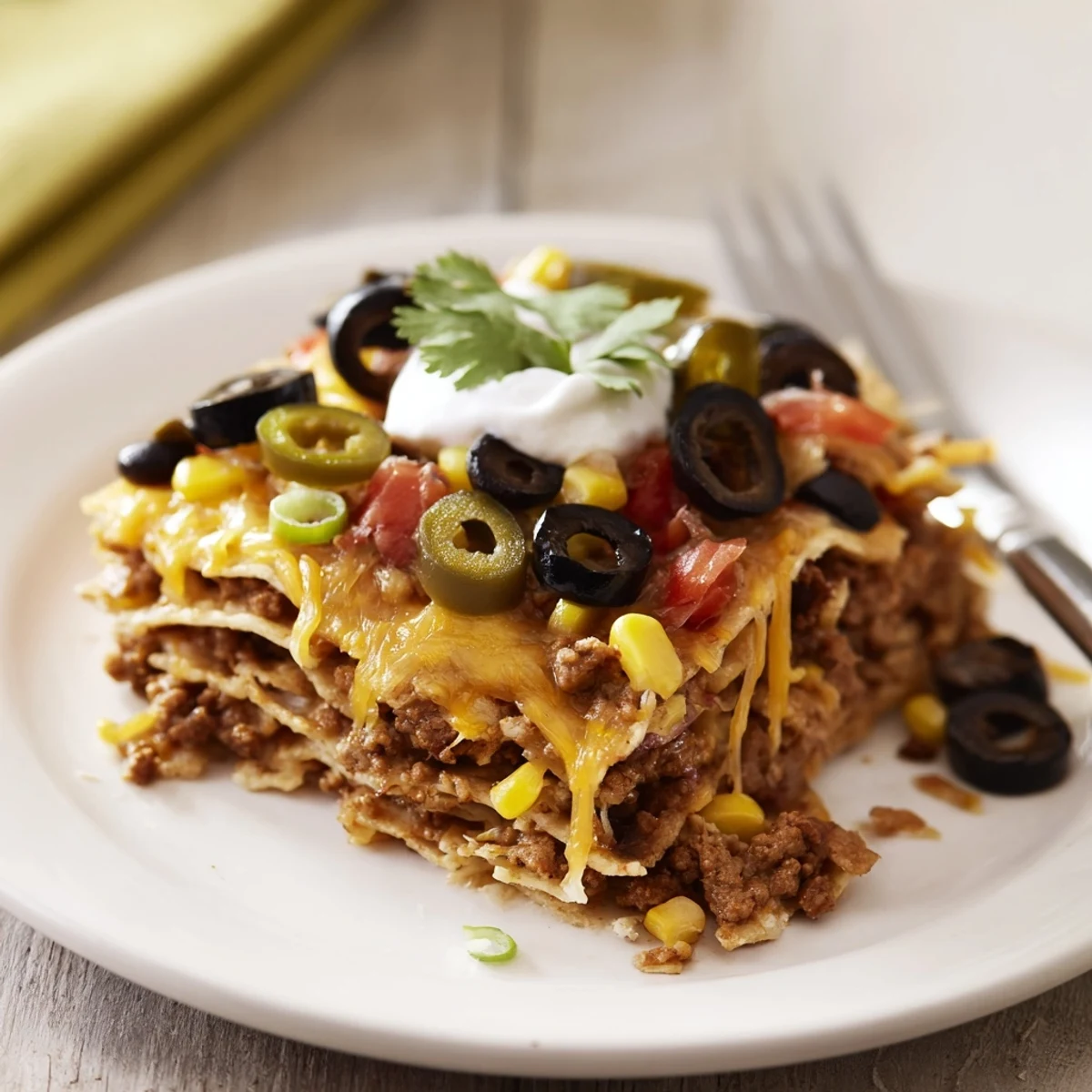 Layered Cheesy Nacho Casserole showing crunchy chips, melted cheddar, and green onions.