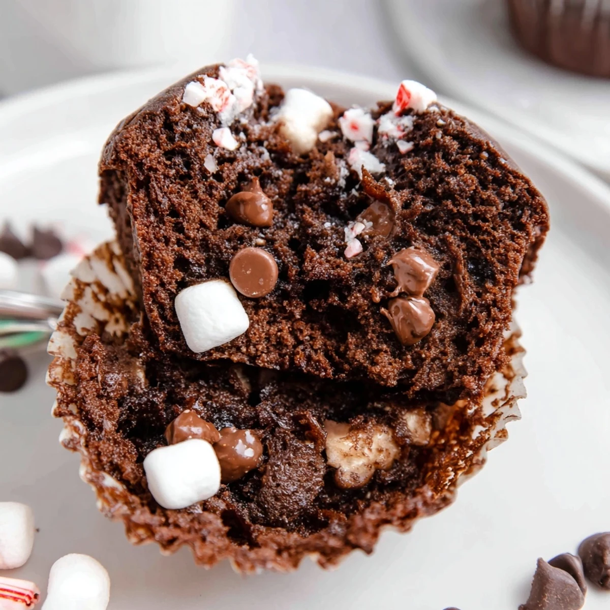 Peppermint Hot Chocolate Muffins, moist crumb and melted chocolate chip pockets