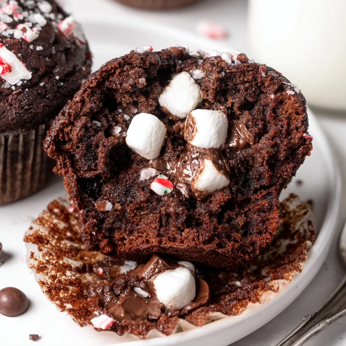 Cozy Peppermint Hot Chocolate Muffins topped with a swirl of whipped cream