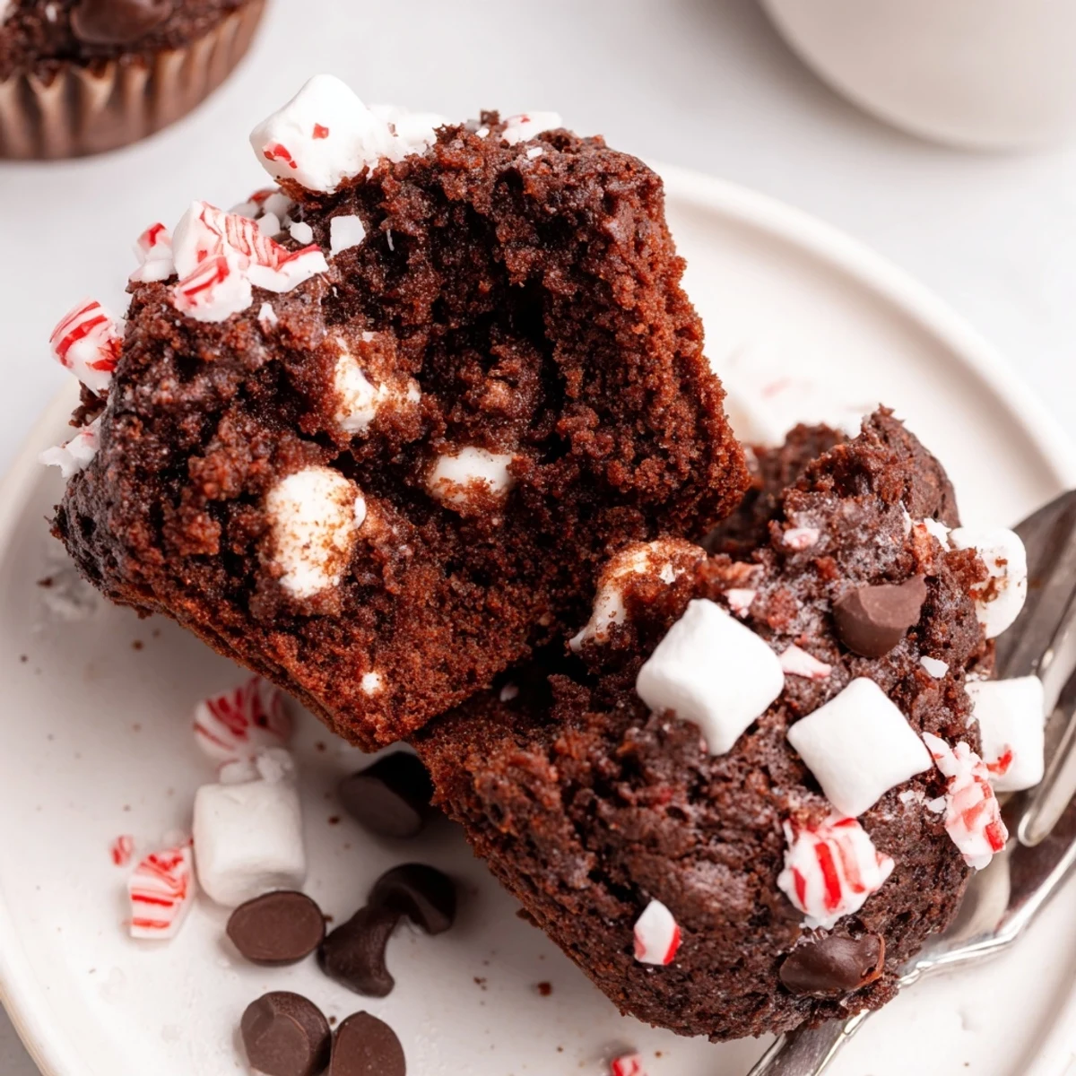 Warm Peppermint Hot Chocolate Muffins steaming on a wire rack, crushed peppermint