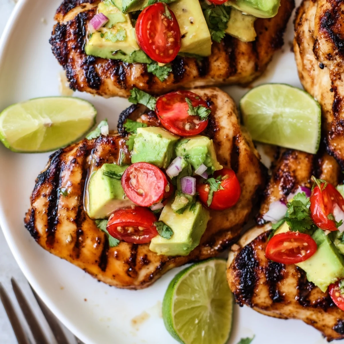 Grilled Fiesta Lime Chicken With Avocado topped with creamy tomato-cilantro salsa, steaming.