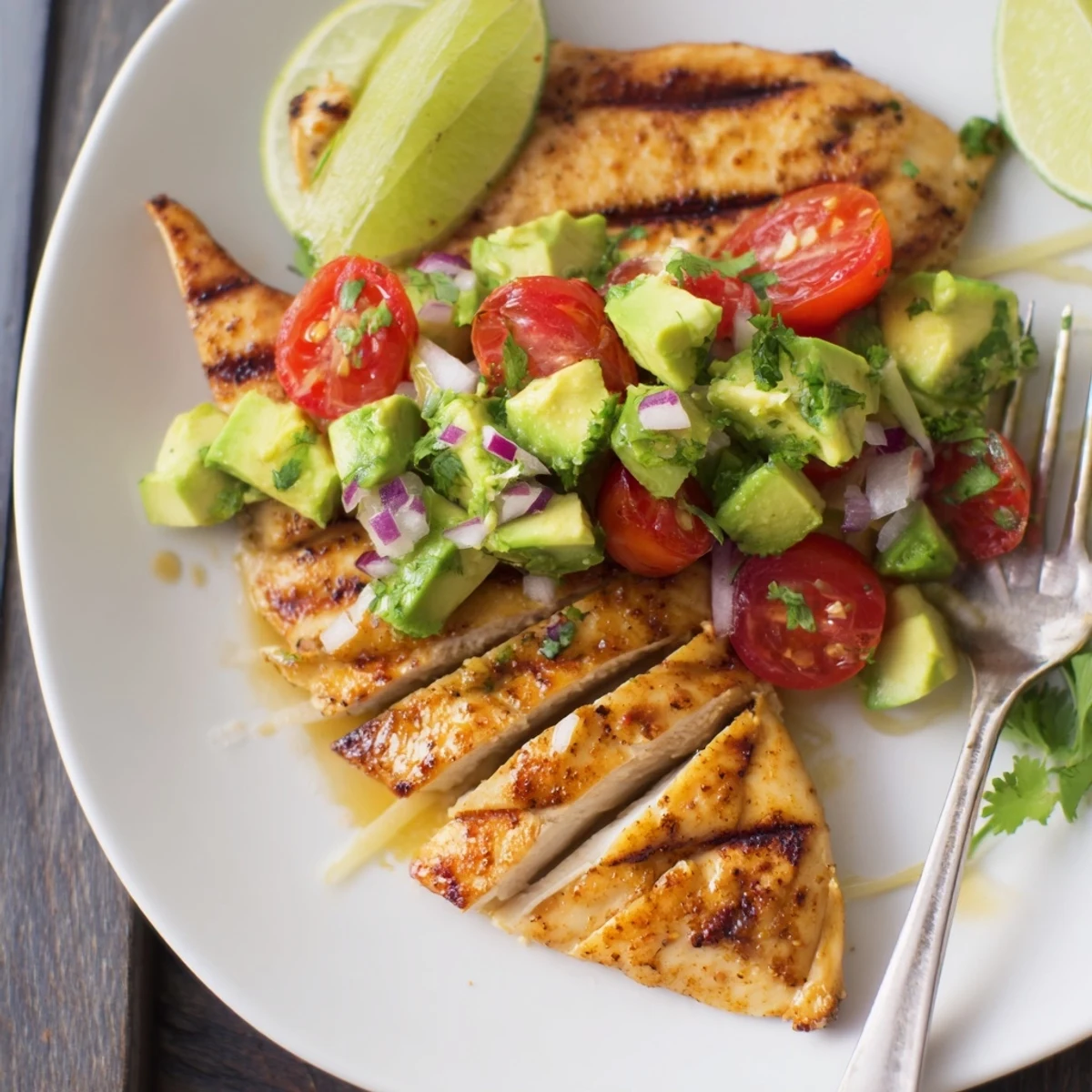 Charred Fiesta Lime Chicken With Avocado resting on warm corn tortillas, tangy lime.
