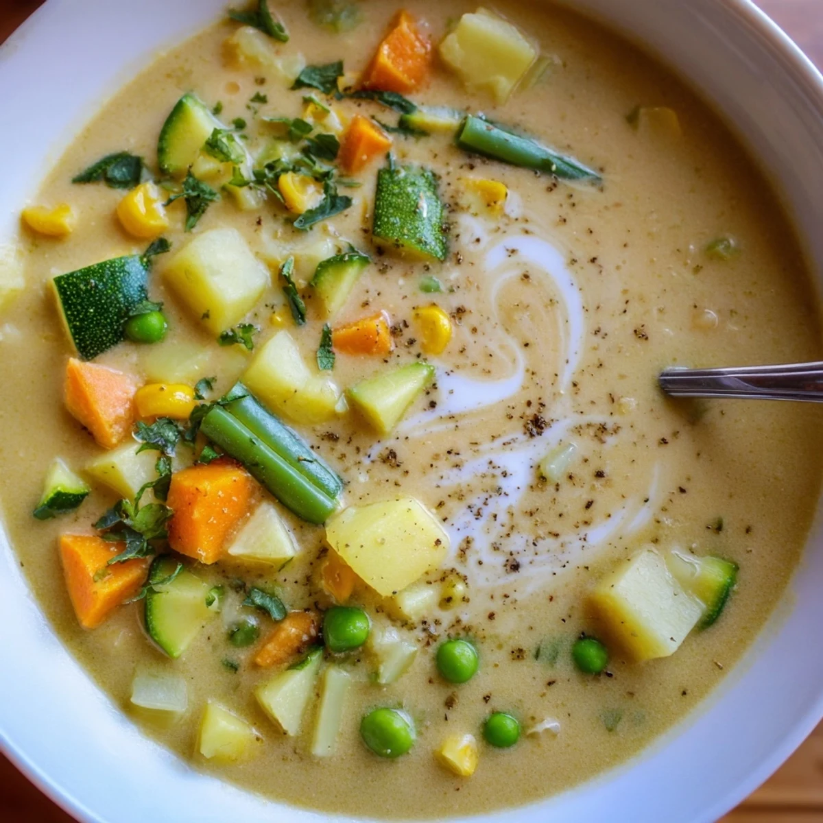 Velvety, aromatic Creamy Vegetable Soup Recipe served with crusty bread for dipping