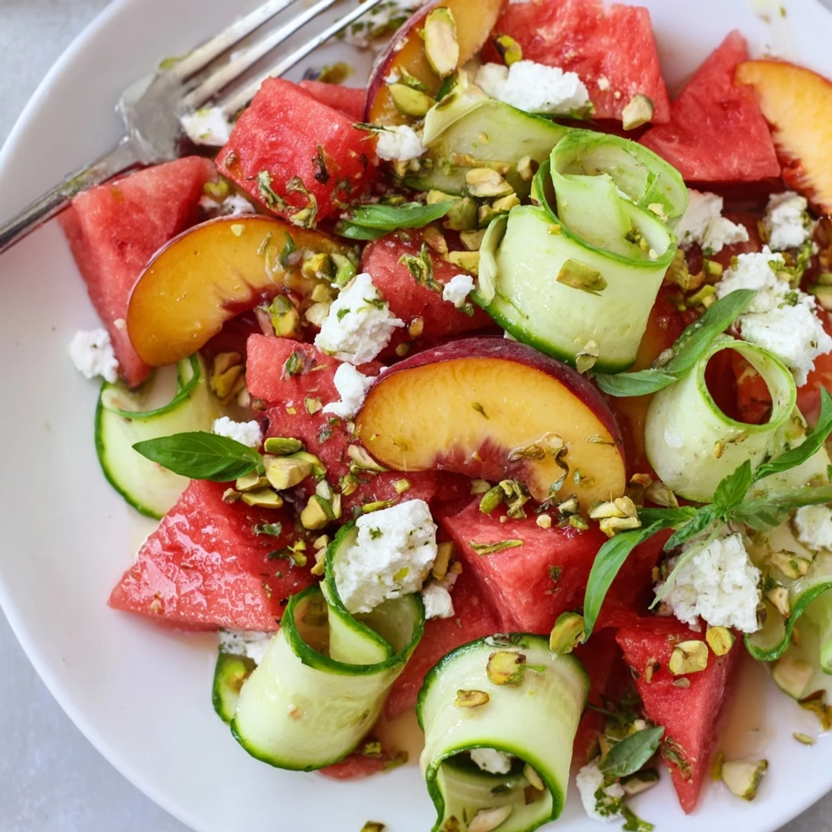 Summer Peach Watermelon Salad with crumbled feta, mint, and honey lime drizzle