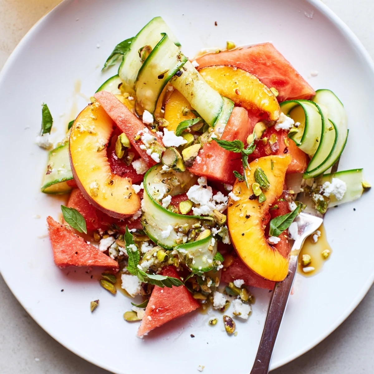 Bright Summer Peach Watermelon Salad served on platter, chilled, garnished with pistachios