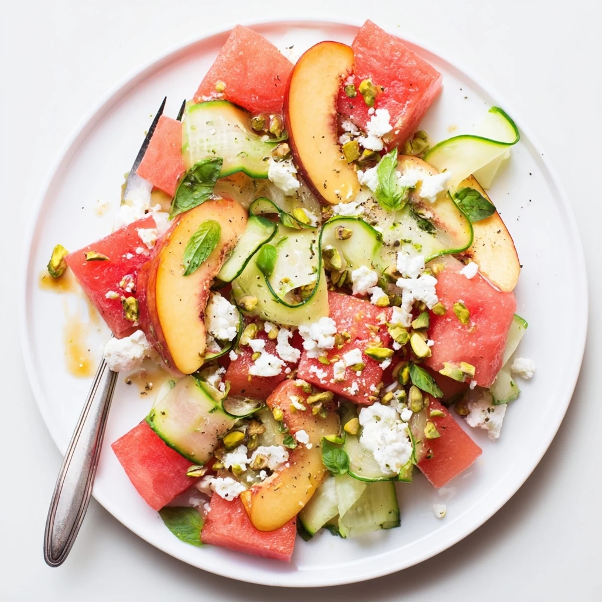 Refreshing Summer Peach Watermelon Salad tossed with cucumber, basil, and lime juice