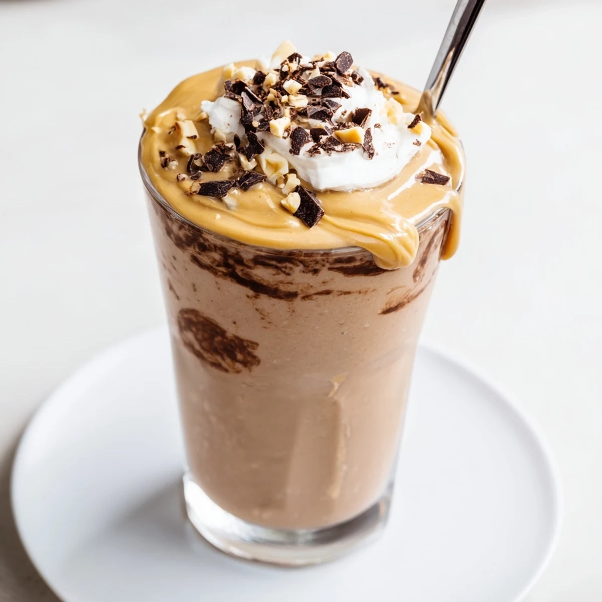 Chocolate Peanut Butter Smoothie poured into glass, creamy, topped with crushed peanuts.