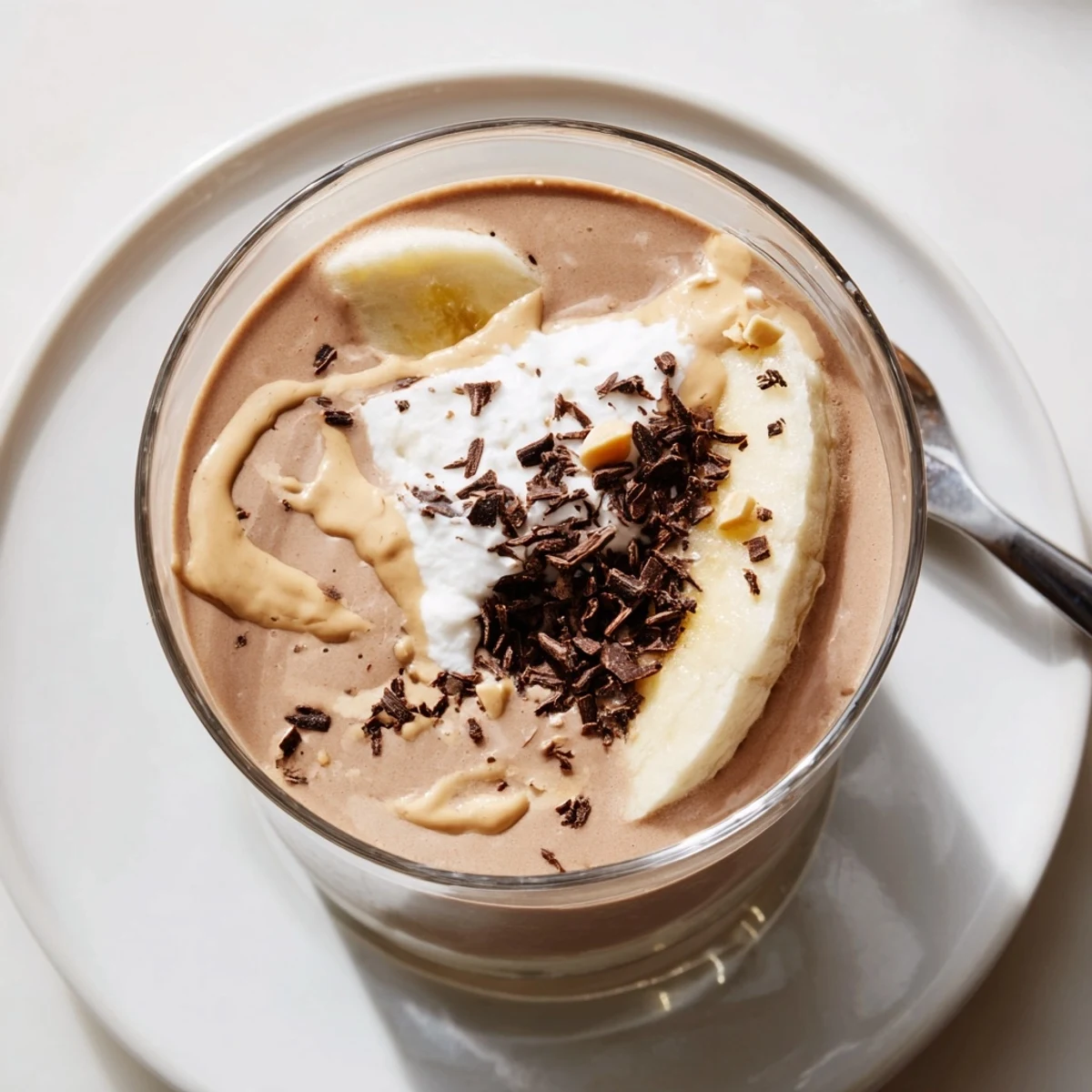 A thick Chocolate Peanut Butter Smoothie swirling in blender, rich chocolaty aroma.