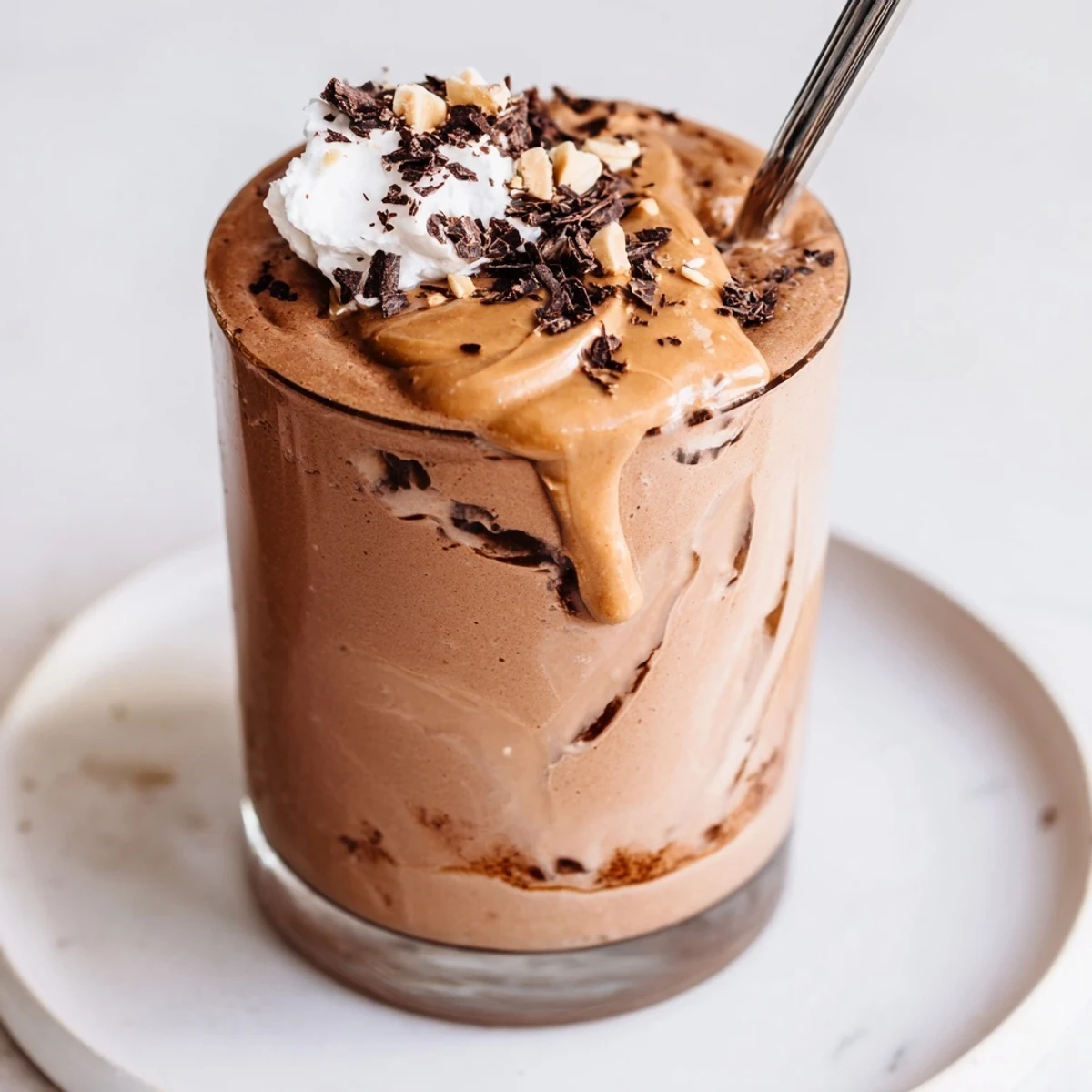 Chocolate Peanut Butter Smoothie garnished with whipped cream, chocolate shavings, ready to enjoy.