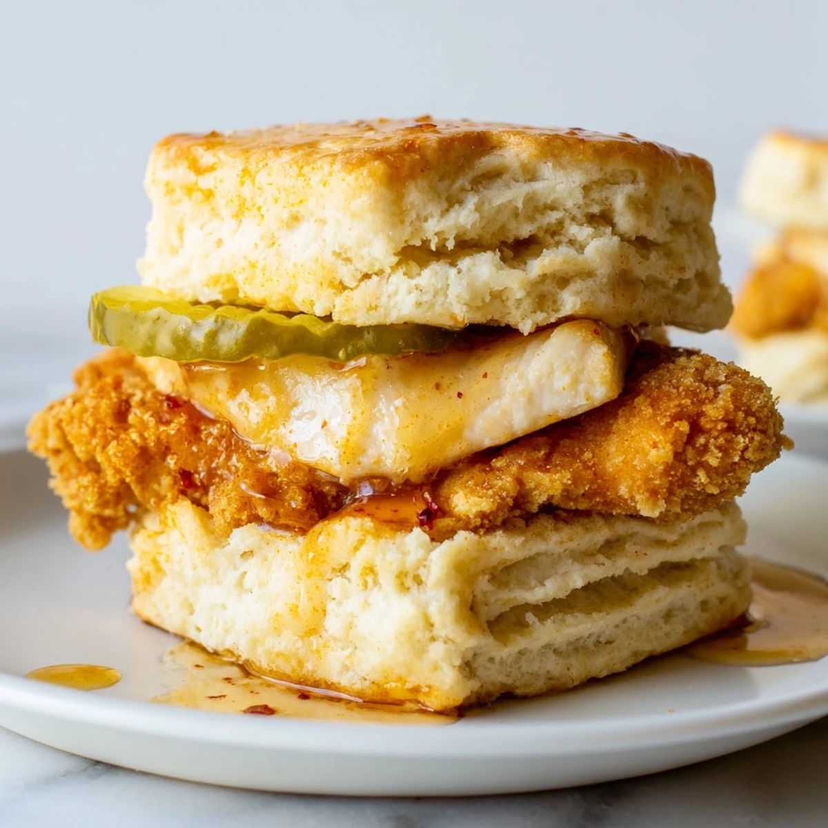 Hot Honey Chicken Biscuits with golden fried chicken and sticky spicy drizzle.