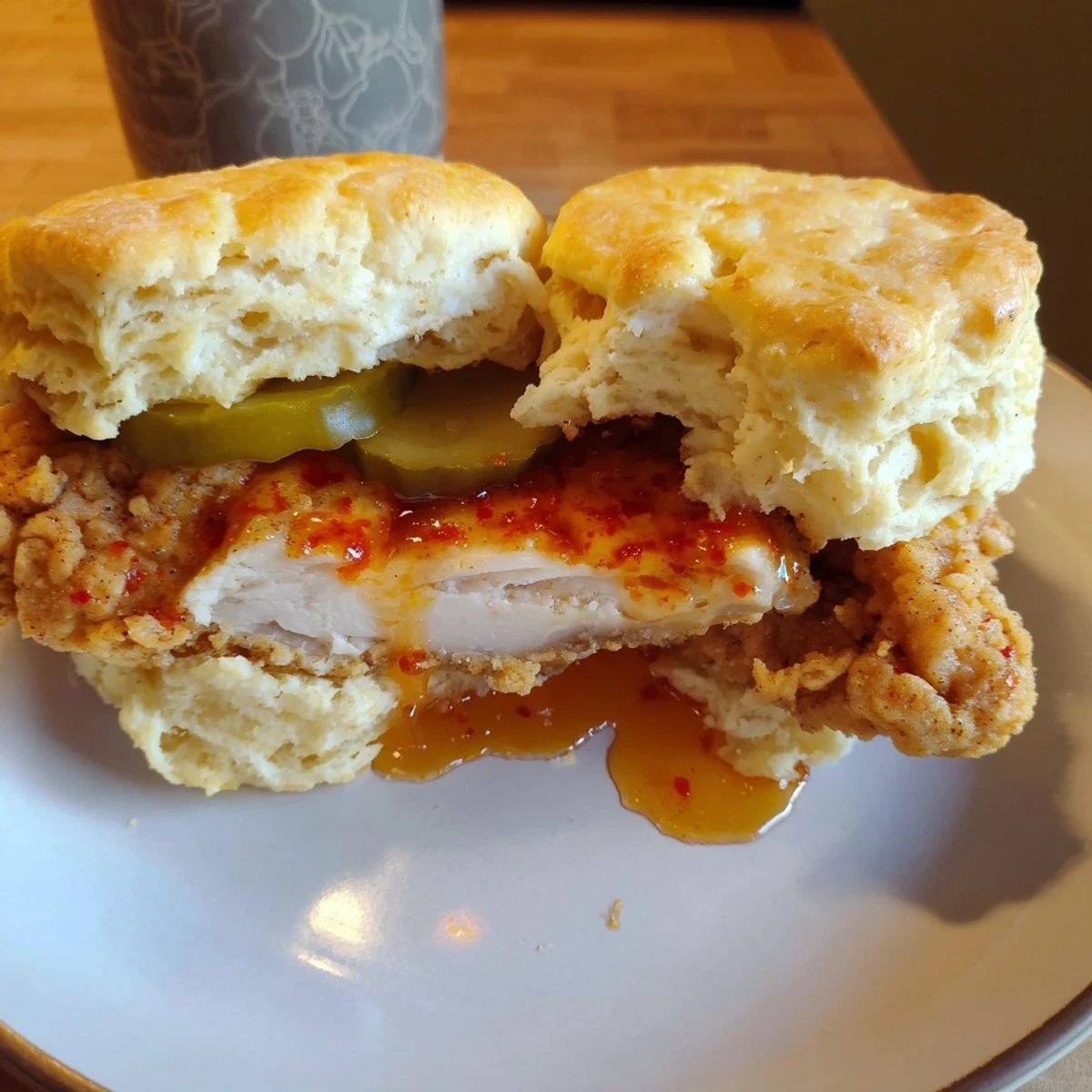 Warm Hot Honey Chicken Biscuits split open, flaky biscuit, crunchy chicken.
