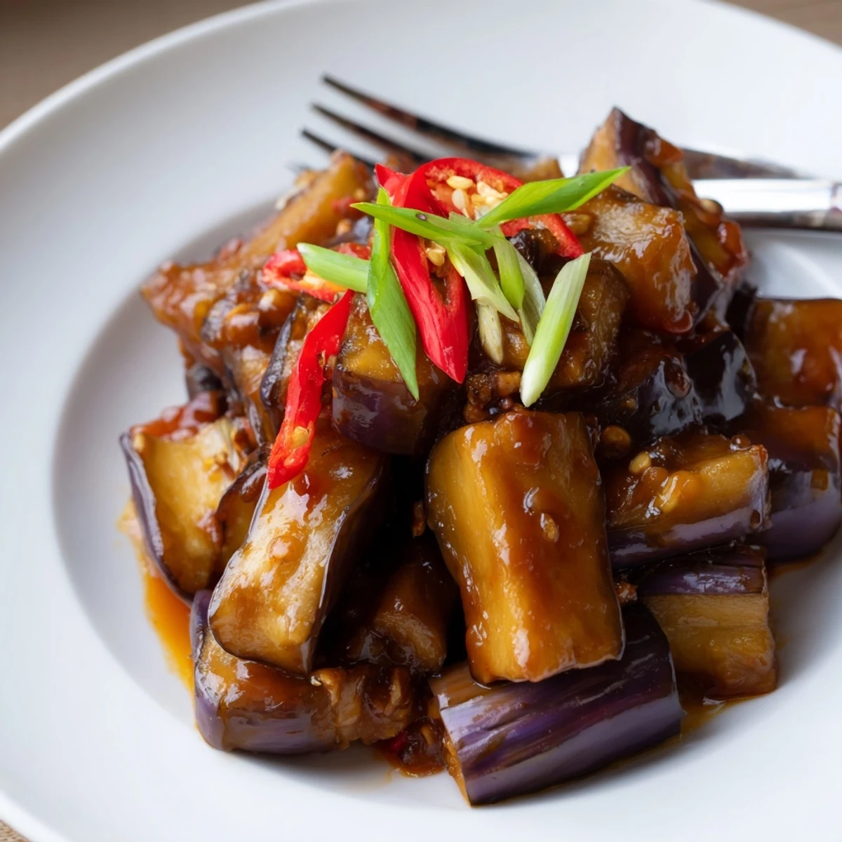Sichuan Style Braised Aubergines glistening in spicy red sauce over jasmine rice