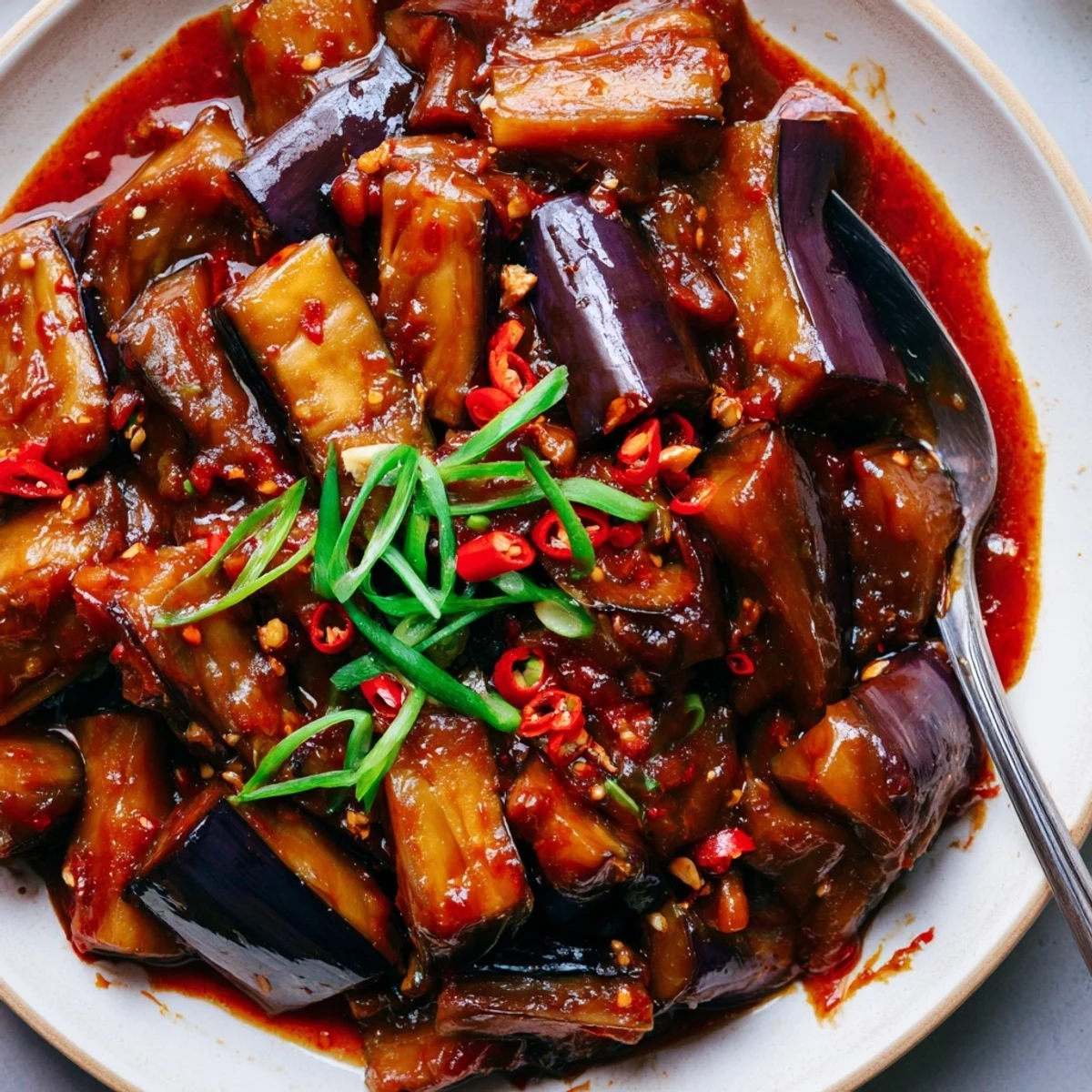 Sichuan Style Braised Aubergines tender, oily batons with scallions and fragrant garlic