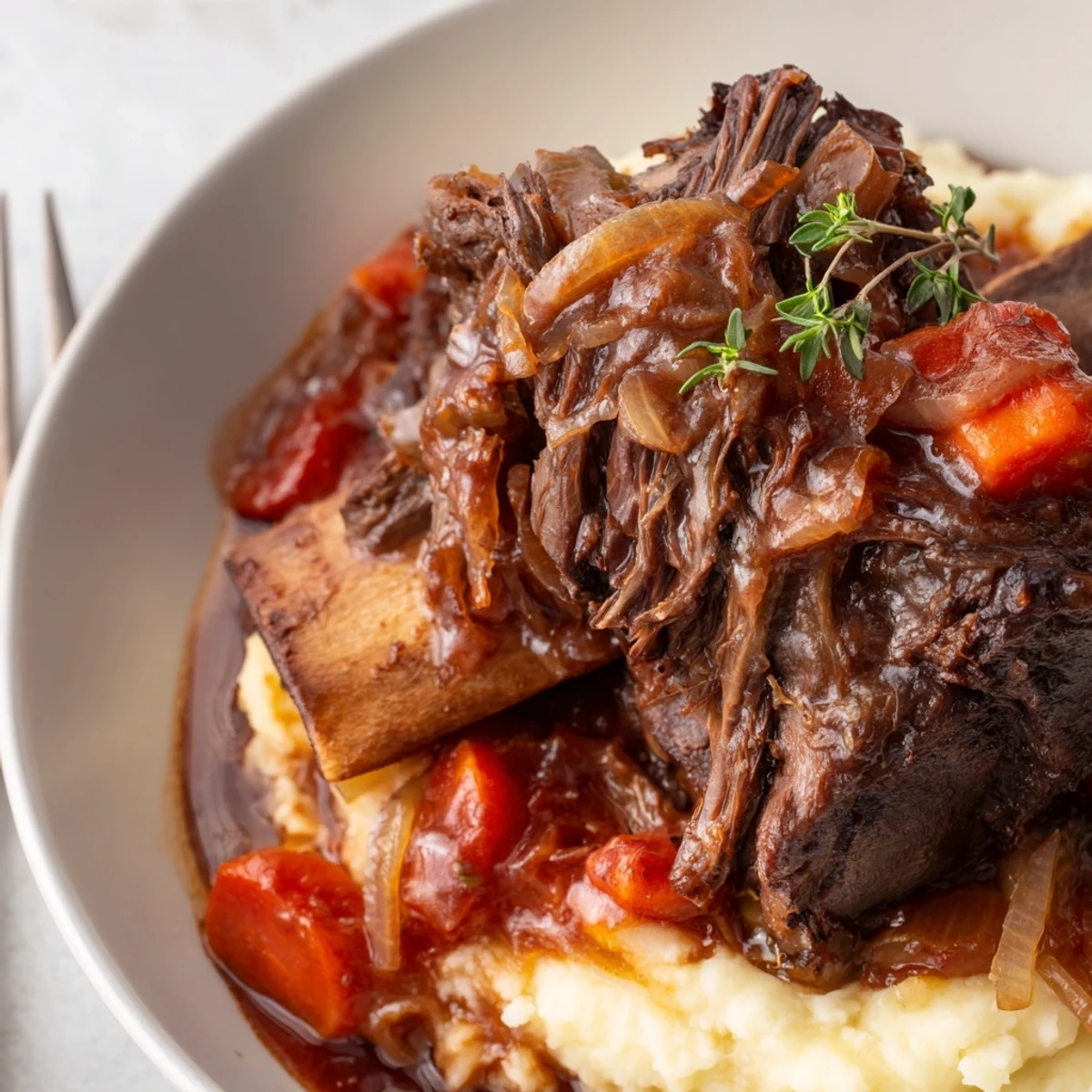 Slow Cooker Beef Short Ribs glistening in rich sauce, fork tender and savory