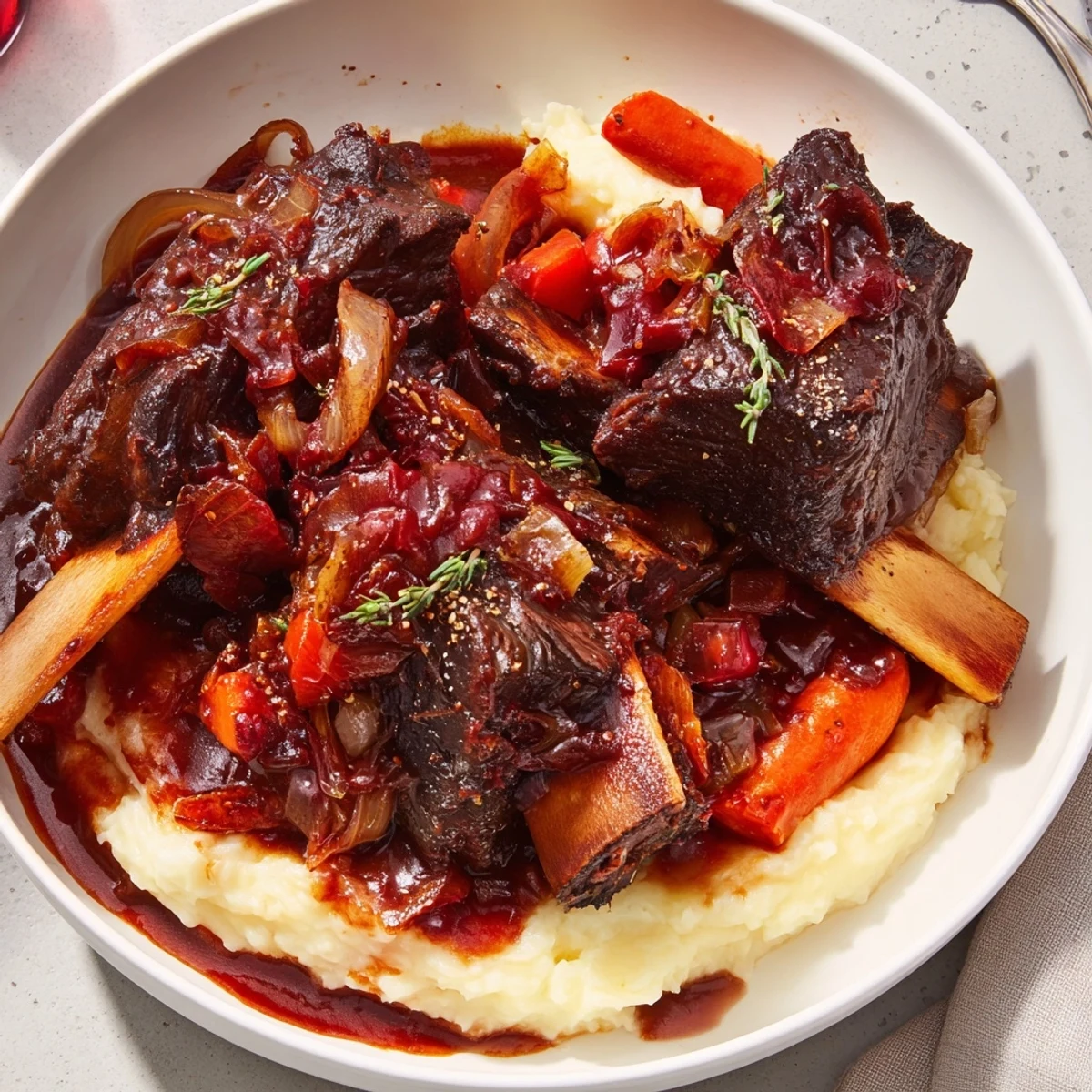 Dinner ready Slow Cooker Beef Short Ribs slow cooked, served over creamy mashed potatoes