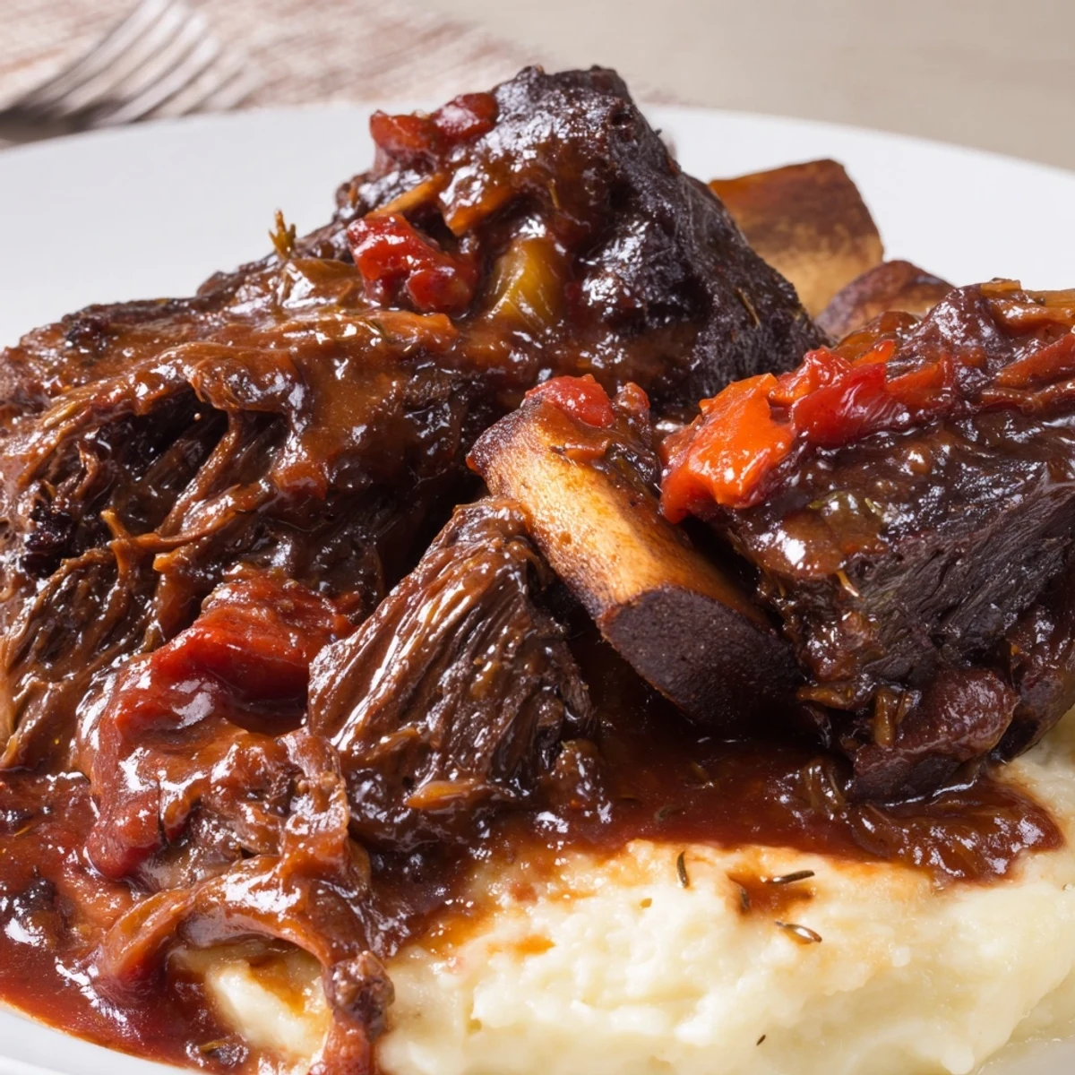 Aromatic rosemary and red wine gravy coating fork tender Slow Cooker Beef Short Ribs