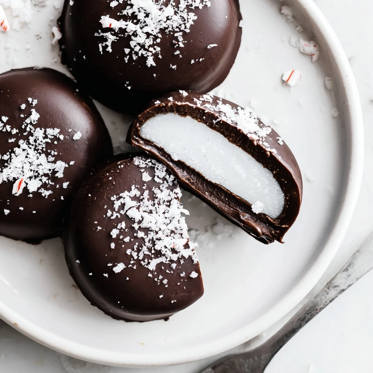 Peppermint Patties glistening in dark chocolate, stacked on parchment for gifting.