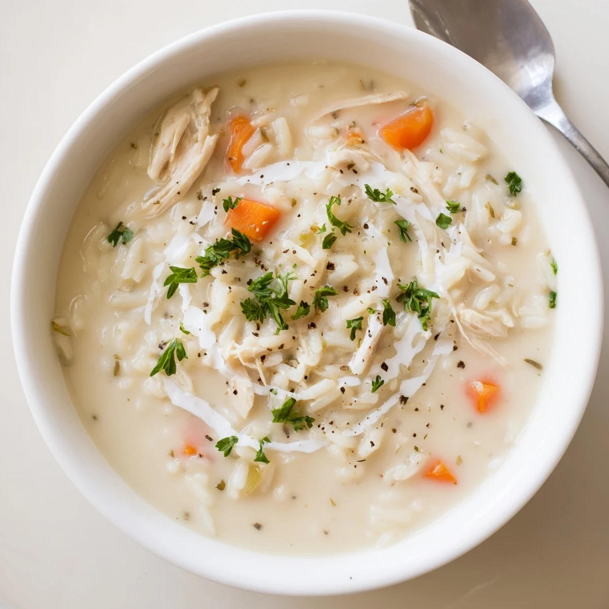 Creamy Chicken Rice Soup steaming in bowl, tender chicken, silky broth, parsley
