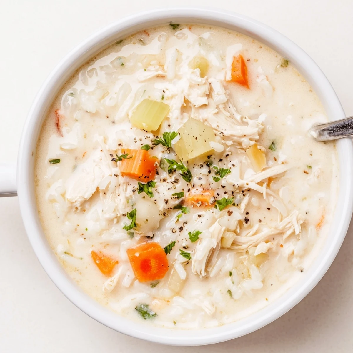 Bowl of Creamy Chicken Rice Soup with tender grains, carrots, and crusty bread