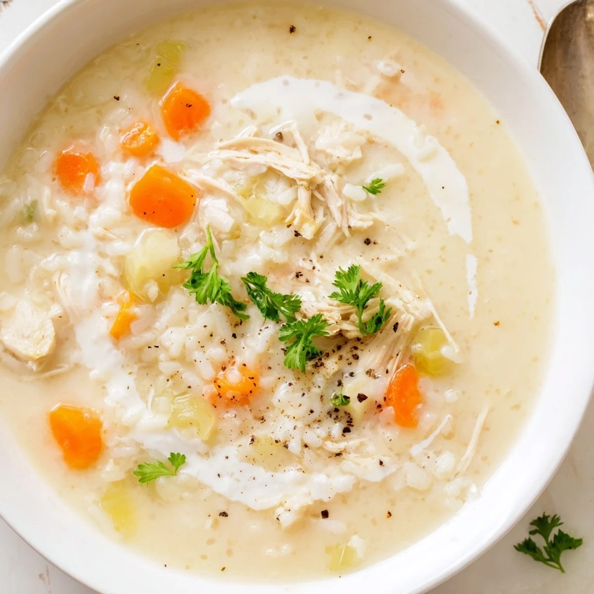 Close-up of Creamy Chicken Rice Soup ladled from pot, rich aroma suggested